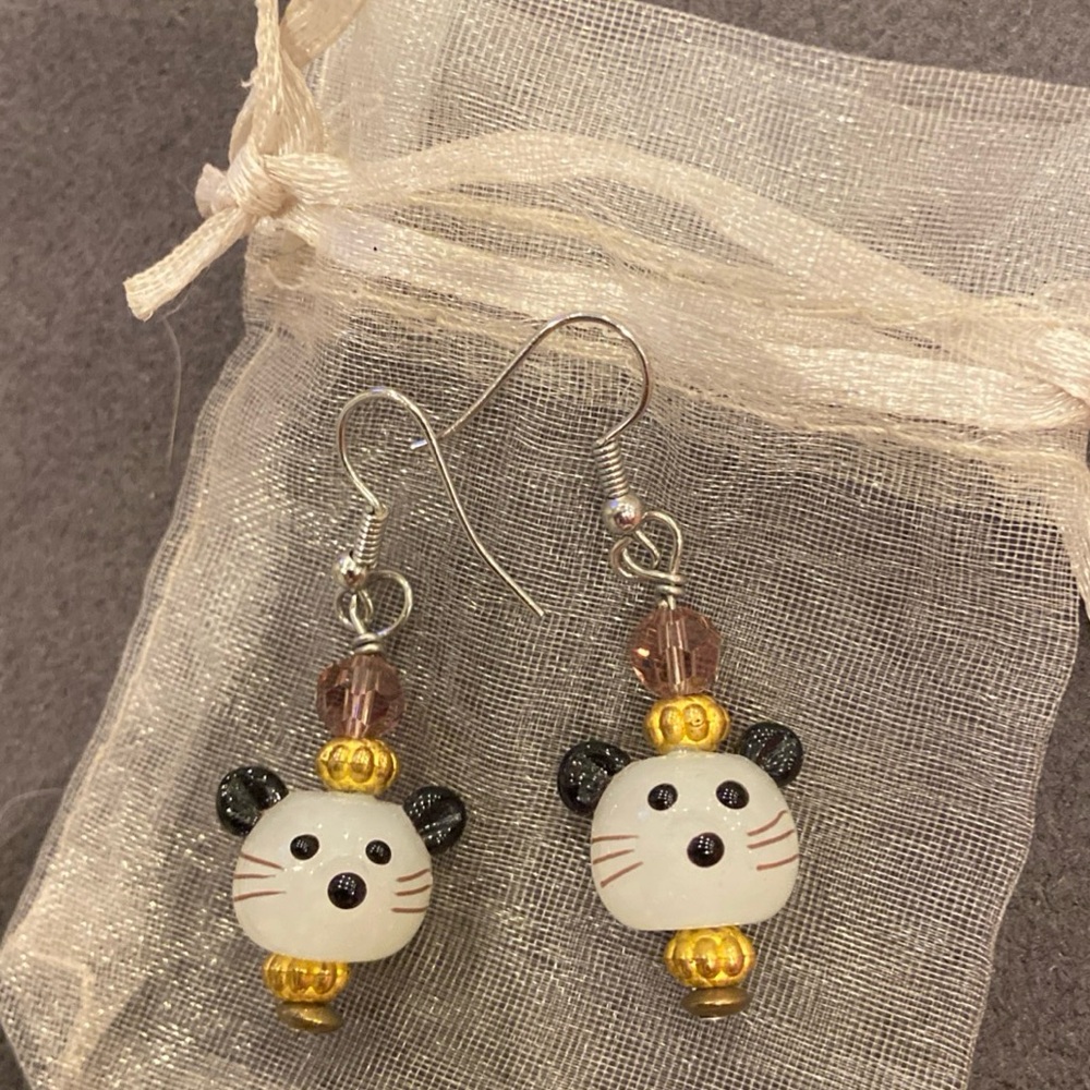 White And Black Glass Mice Dangle Earrings
